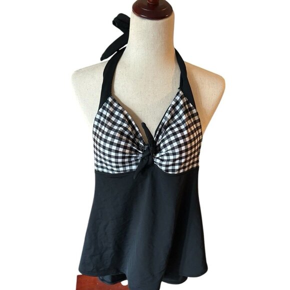 COCOSHIP Sailor Pin Up Swimsuit One Piece Skirtini Gingham Plaid Black Medium - Picture 1 of 7